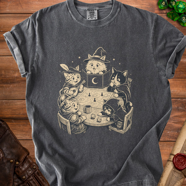 Dungeon Cats Game Night Party T-Shirt in Pepper