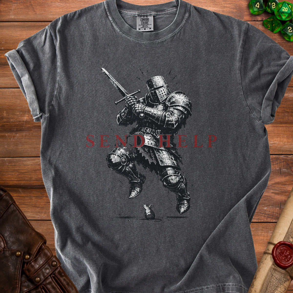 Dark grey t-shirt with a knight and mouse graphic and "SEND HELP" text.
