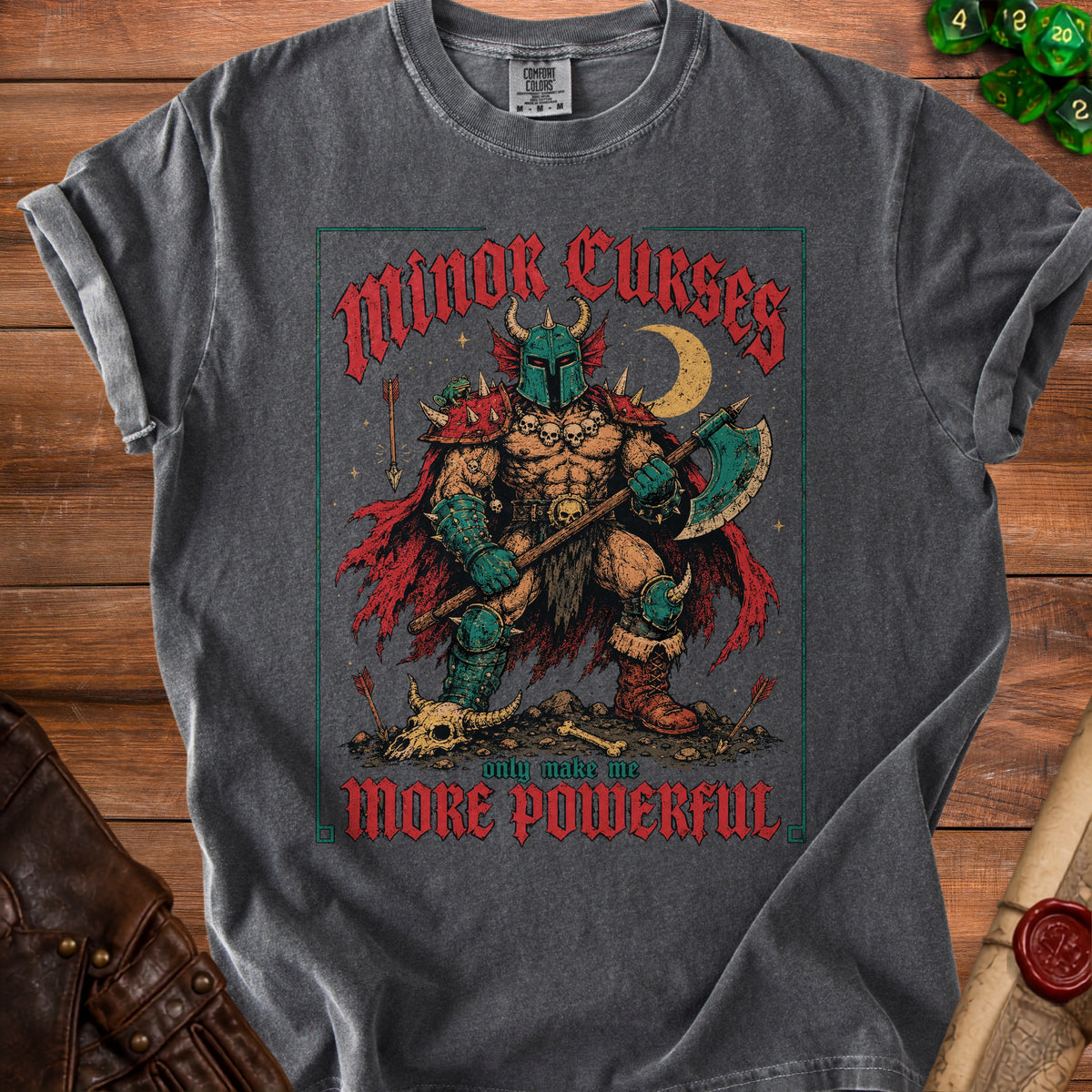 Dark gray t-shirt with fantasy warrior graphic and "Minor Curses Only Make Me More Powerful" text.