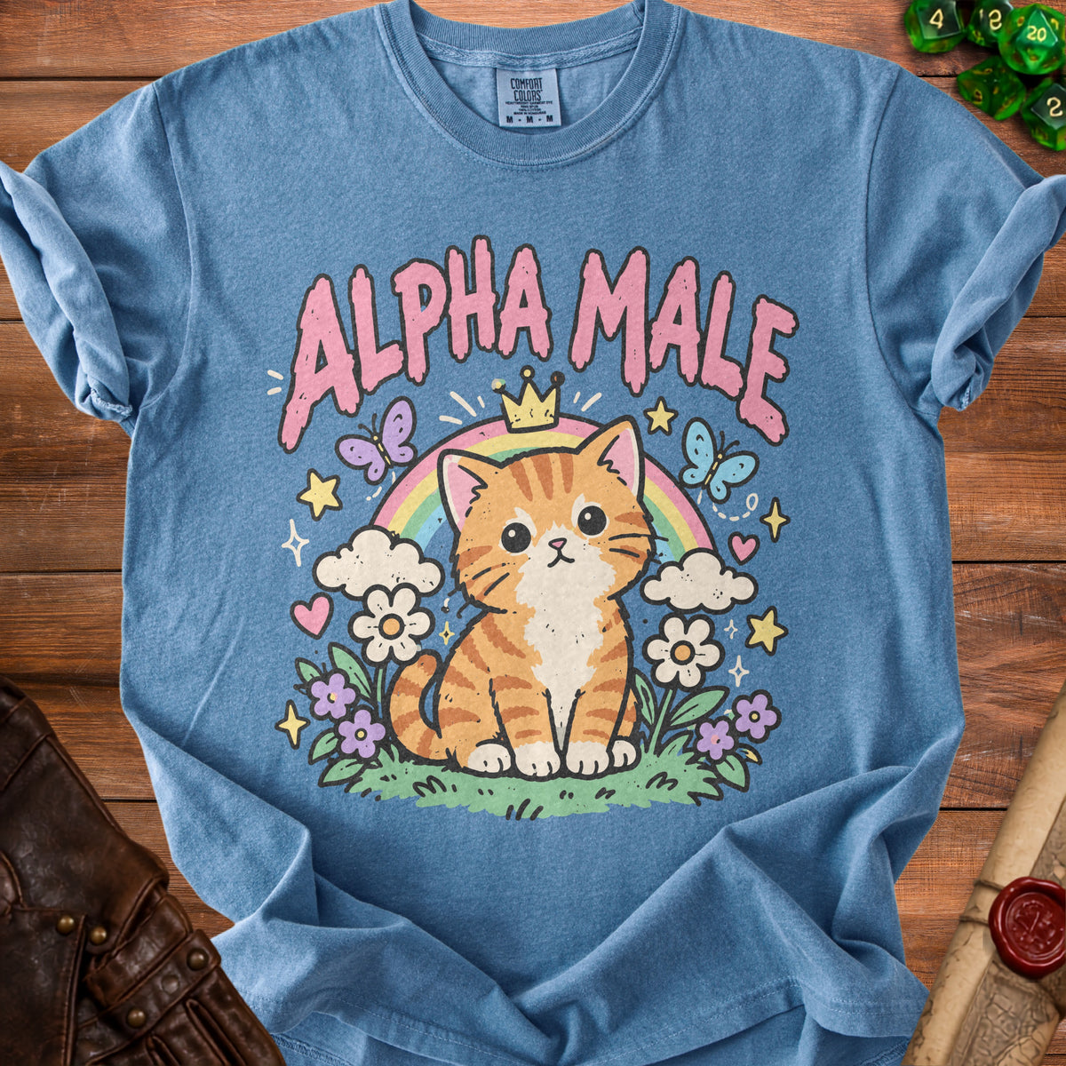 Blue t-shirt with "Alpha Male" text and a cartoon cat wearing a crown.