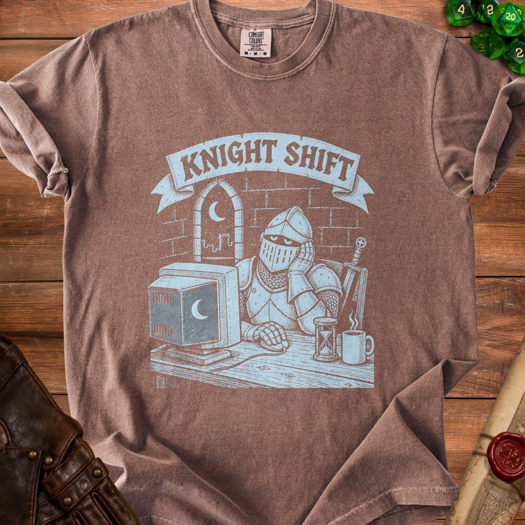 Brown t-shirt with "Knight Shift" graphic of a knight at a computer.