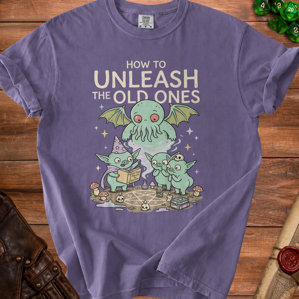 T-shirt with Cthulhu and goblins performing a ritual, text "How to Unleash The Old Ones".