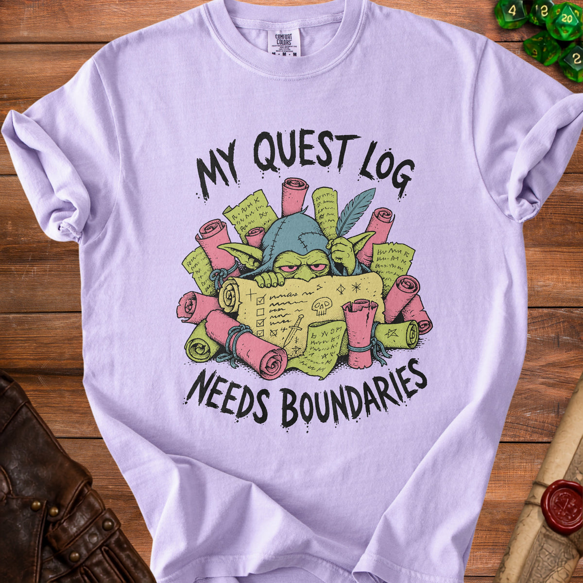 Goblin with scrolls and feather quill, "MY QUEST LOG NEEDS BOUNDARIES" text.