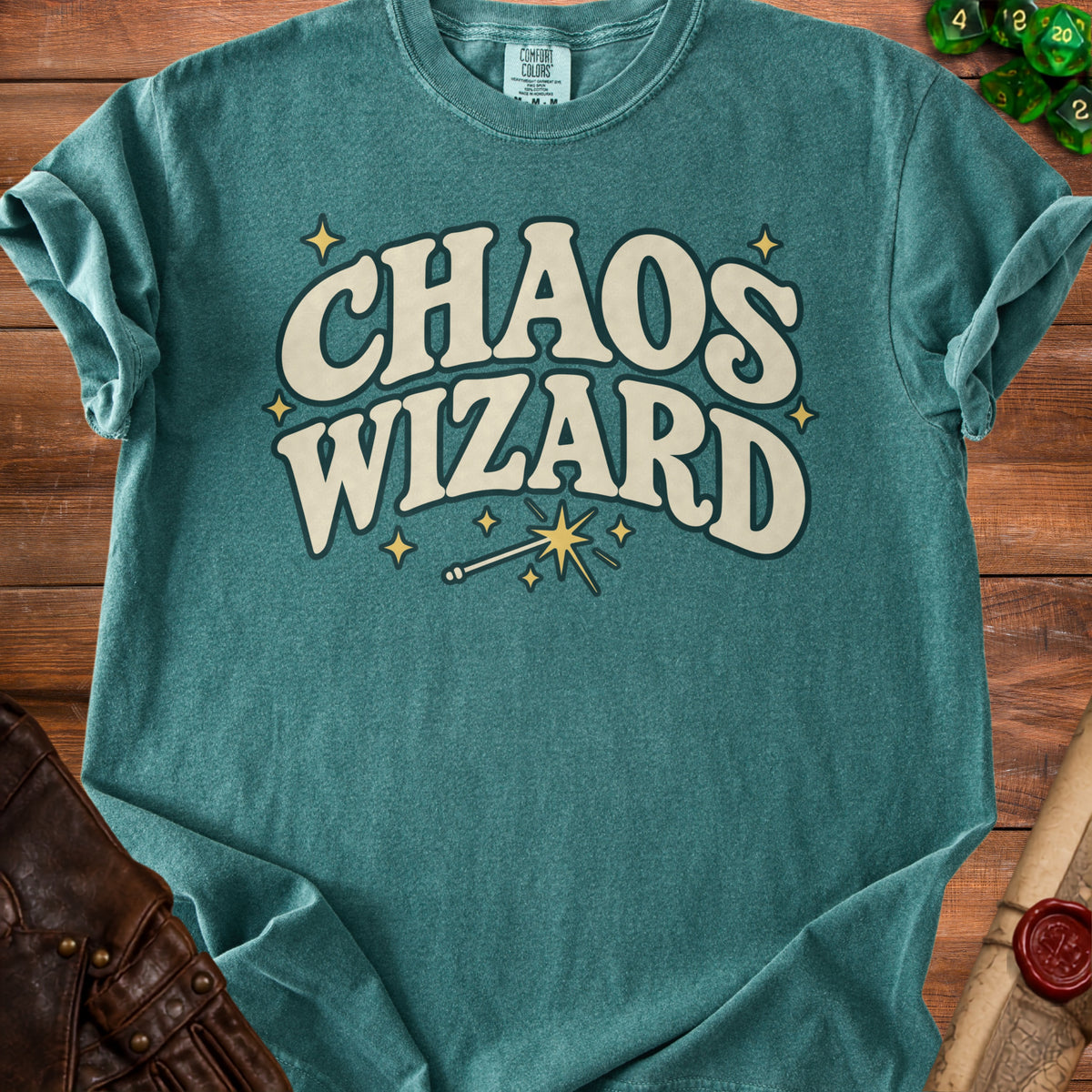 Teal t-shirt with "CHAOS WIZARD" text and magic wand graphic.