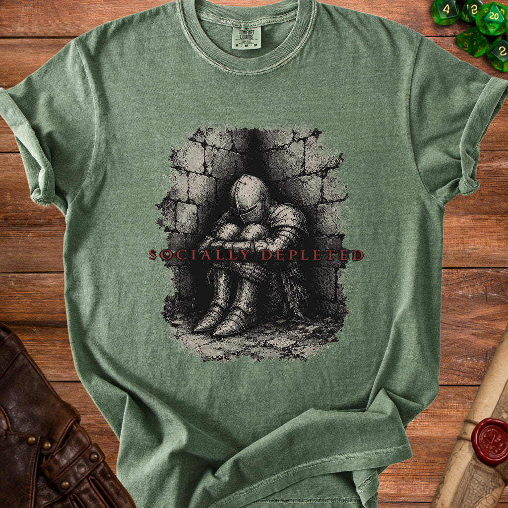Green t-shirt with a knight in armor and text "SOCIALLY DEPLETED".