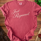 Red Comfort Colors t-shirt with "Just Respawned" text.