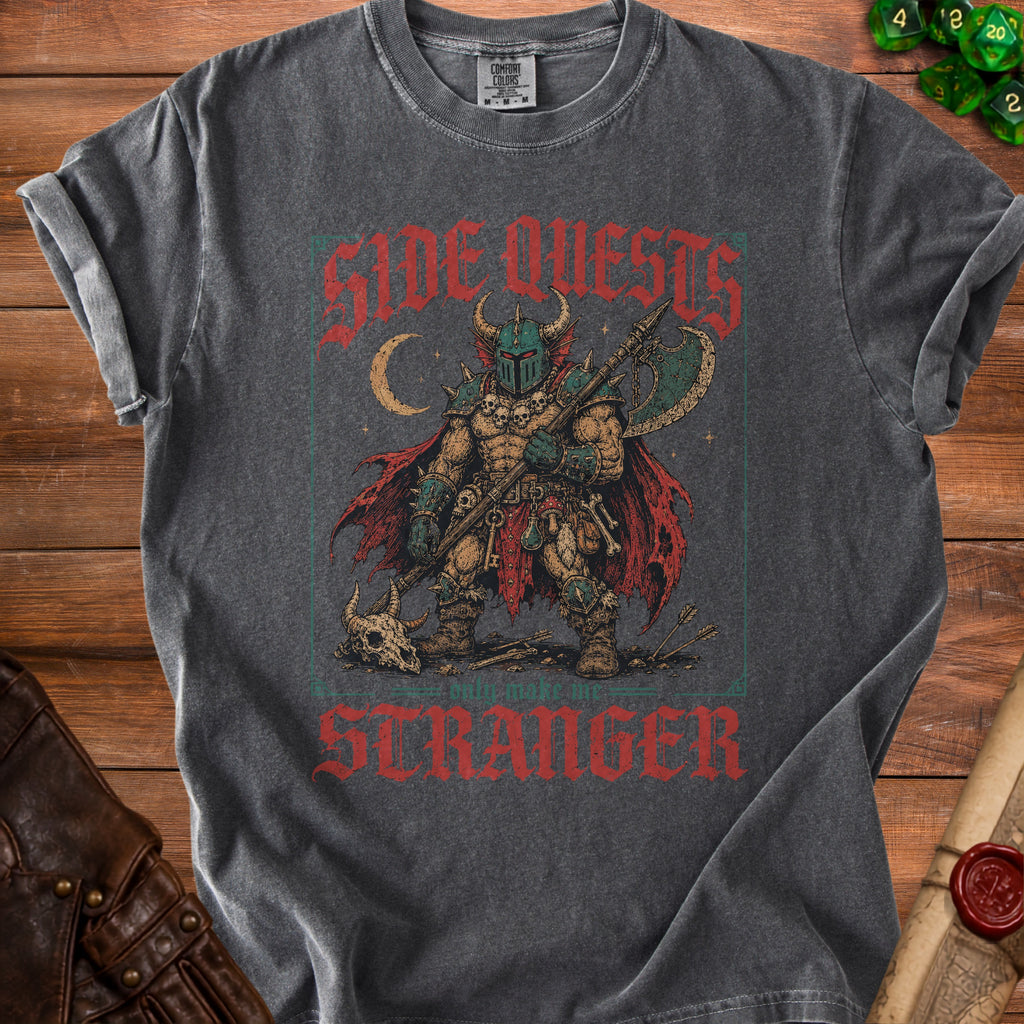 T-shirt with a medieval warrior graphic and "SIDE QUESTS STRANGER" text.