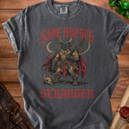 T-shirt with a medieval warrior graphic and "SIDE QUESTS STRANGER" text.