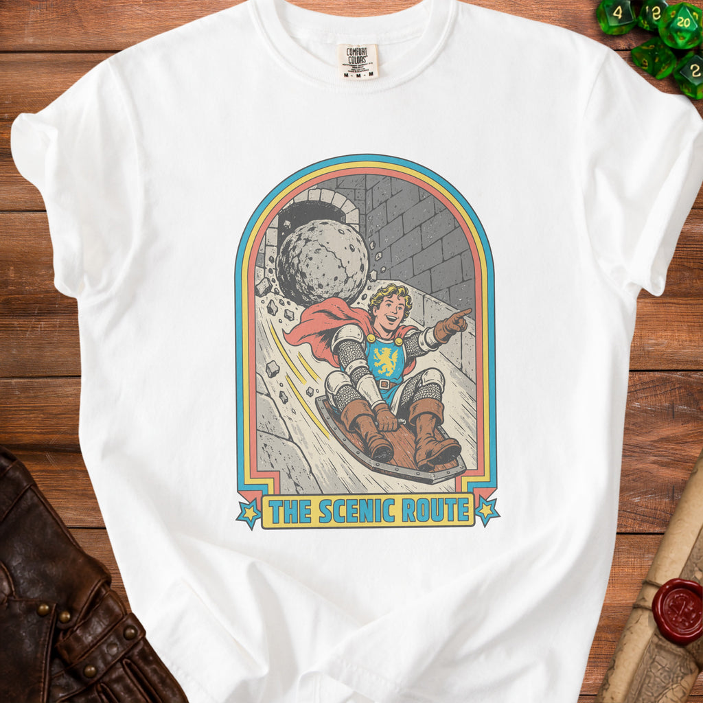 Knight sledding downhill from a rolling boulder, with text "The Scenic Route".