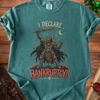 Teal t-shirt with skeleton warrior and "I Declare Bankruptcy!!" text.