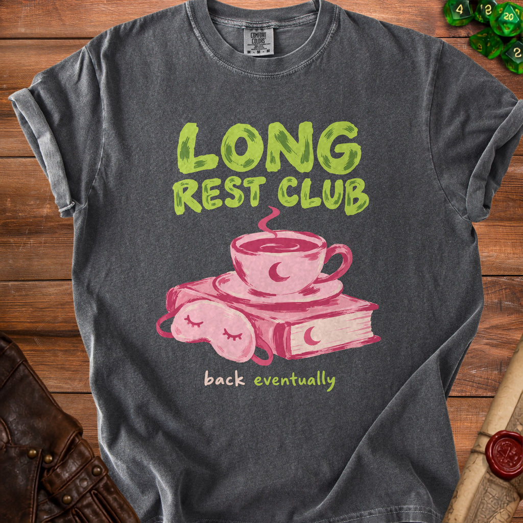 Dark gray t-shirt with "LONG REST CLUB back eventually" text and sleep mask with coffee.