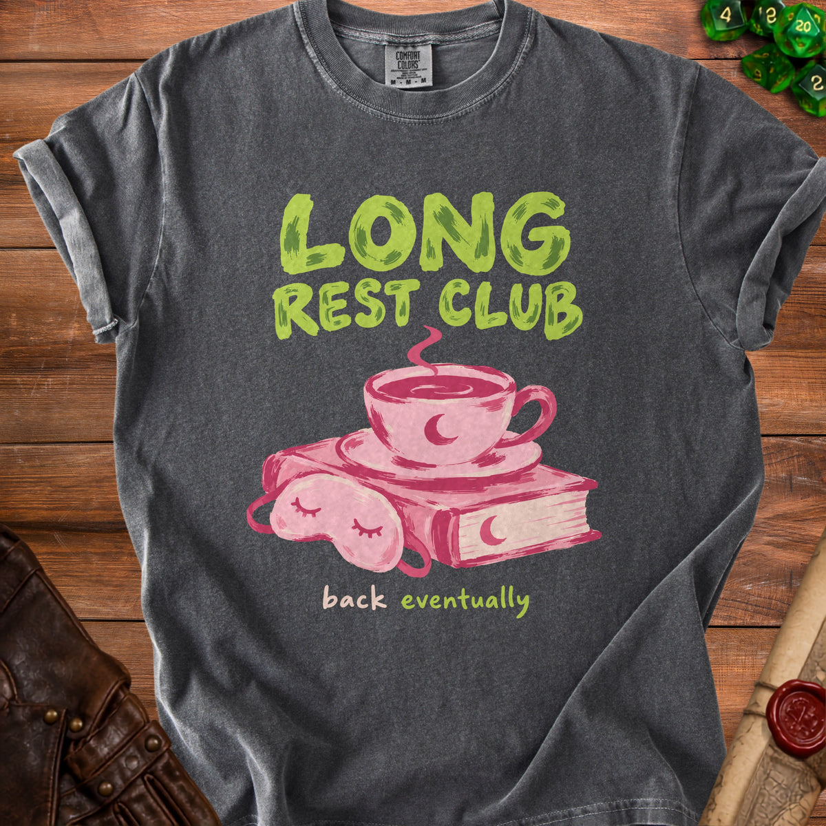 Dark gray t-shirt with "LONG REST CLUB back eventually" text and sleep mask with coffee.