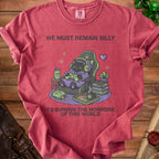 T-shirt with black cat gamer, headphones, XP juice, and pizza. "We Must Remain Silly to Survive the Horrors of This World."