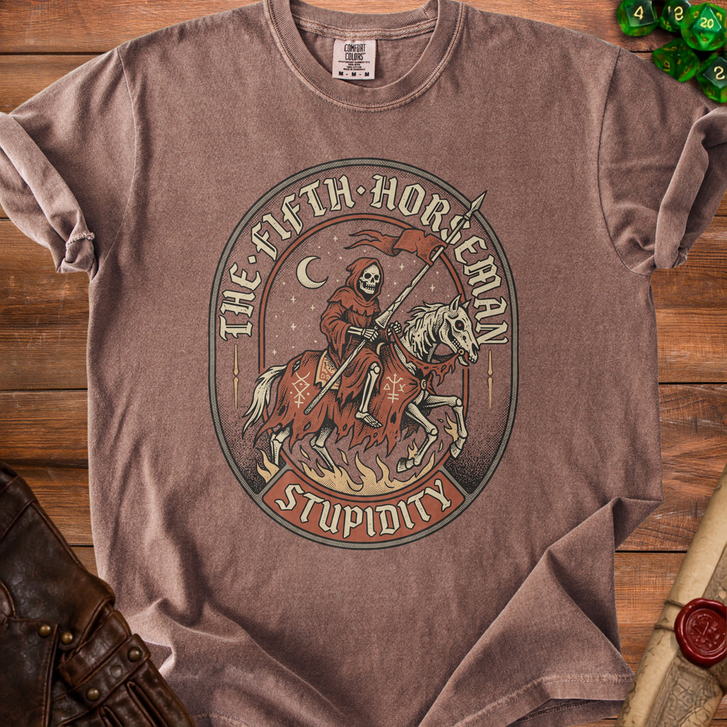Brown t-shirt graphic of the Fifth Horseman Stupidity, a skeleton on a horse.