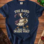 A goose in a hat and cape plays a lyre, singing "The Bard Has No Inside Voice."