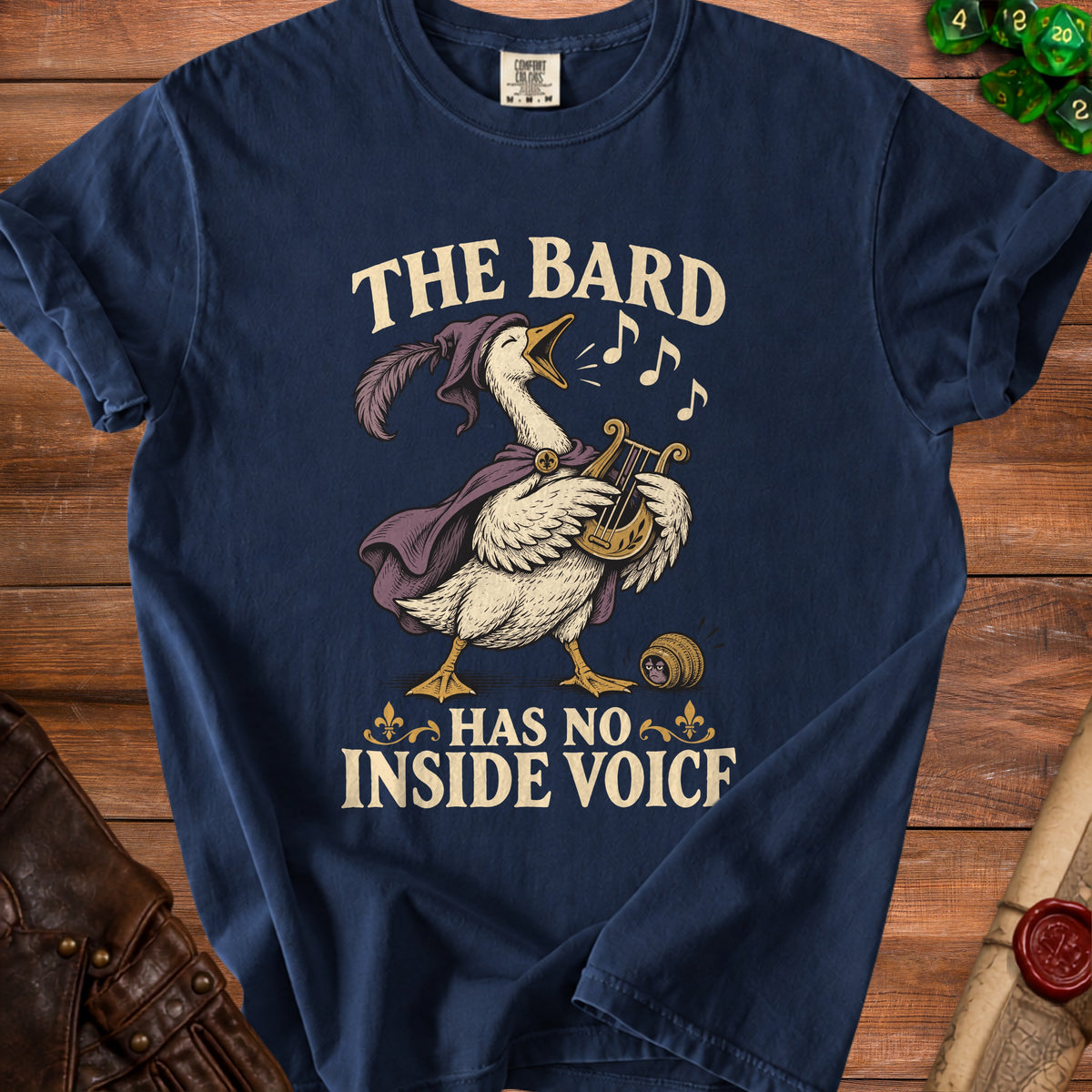 A goose in a hat and cape plays a lyre, singing "The Bard Has No Inside Voice."