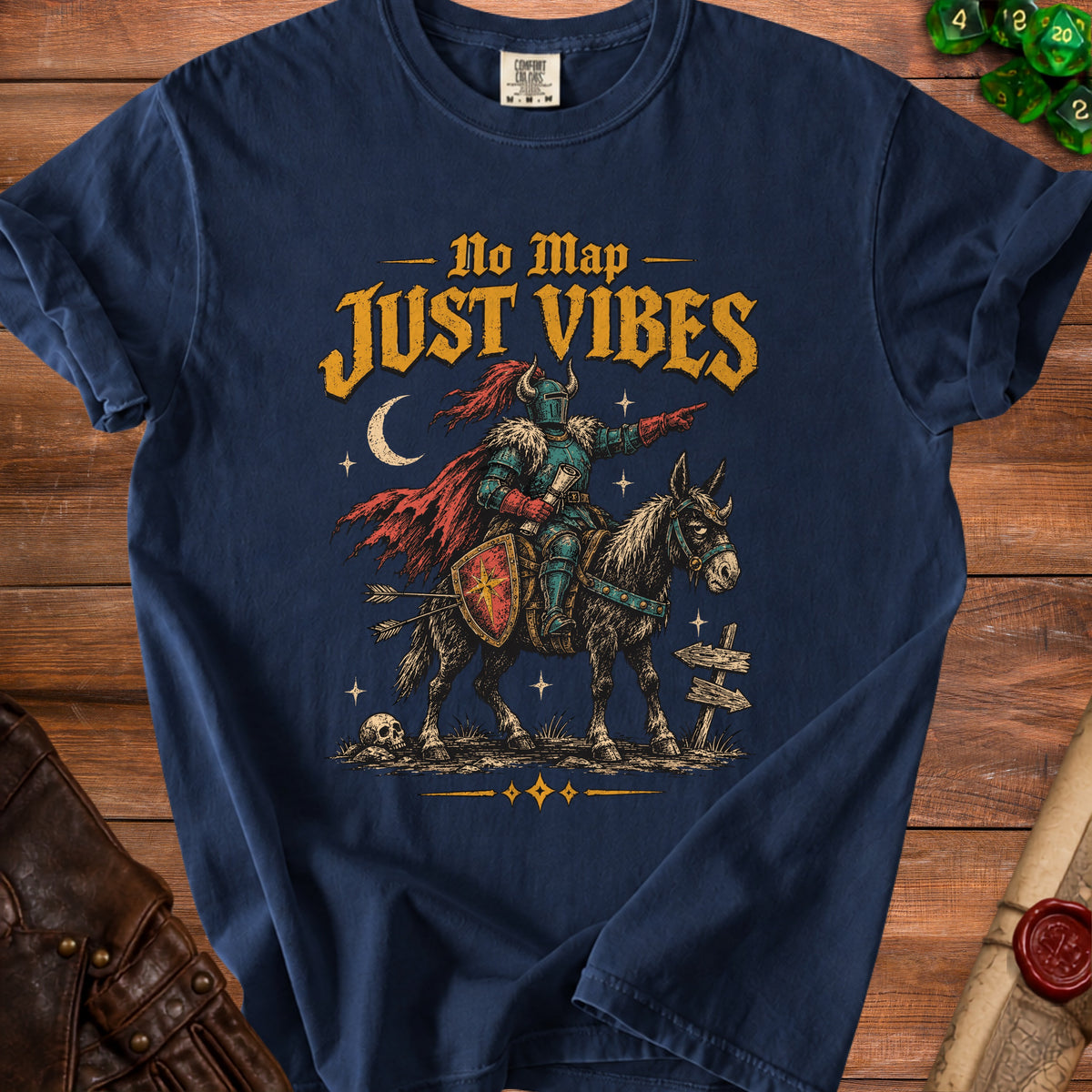 Navy t-shirt with "No Map Just Vibes" and knight on a donkey graphic.