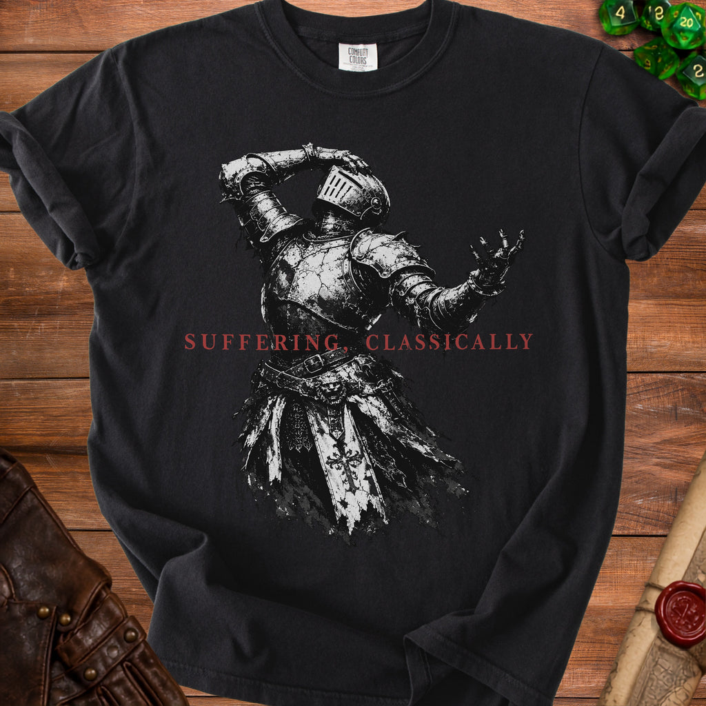 Black t-shirt featuring a distressed knight with the text "SUFFERING, CLASSICALLY".