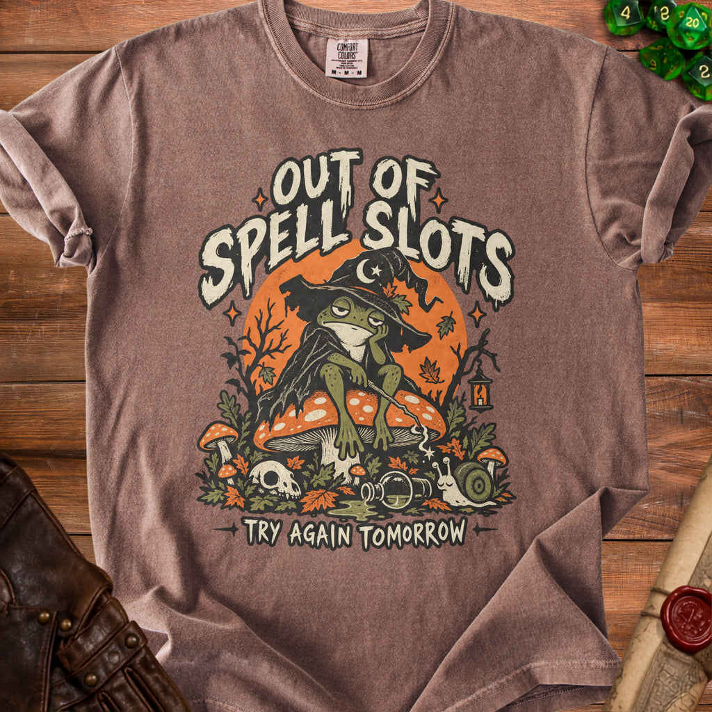 T-shirt with frog wizard graphic and "Out of Spell Slots Try Again Tomorrow" text.