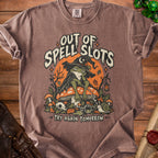 T-shirt with frog wizard graphic and "Out of Spell Slots Try Again Tomorrow" text.