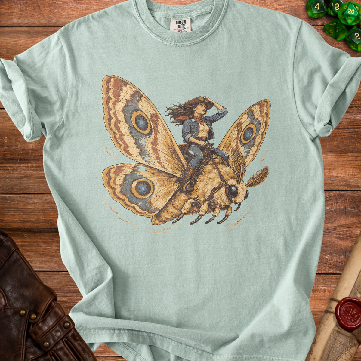 Illustration of a woman in cowboy attire riding a large moth.