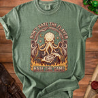 Green t-shirt with octopus, d20 die, and text "Don't Hate The Flayer, Hate The Game".