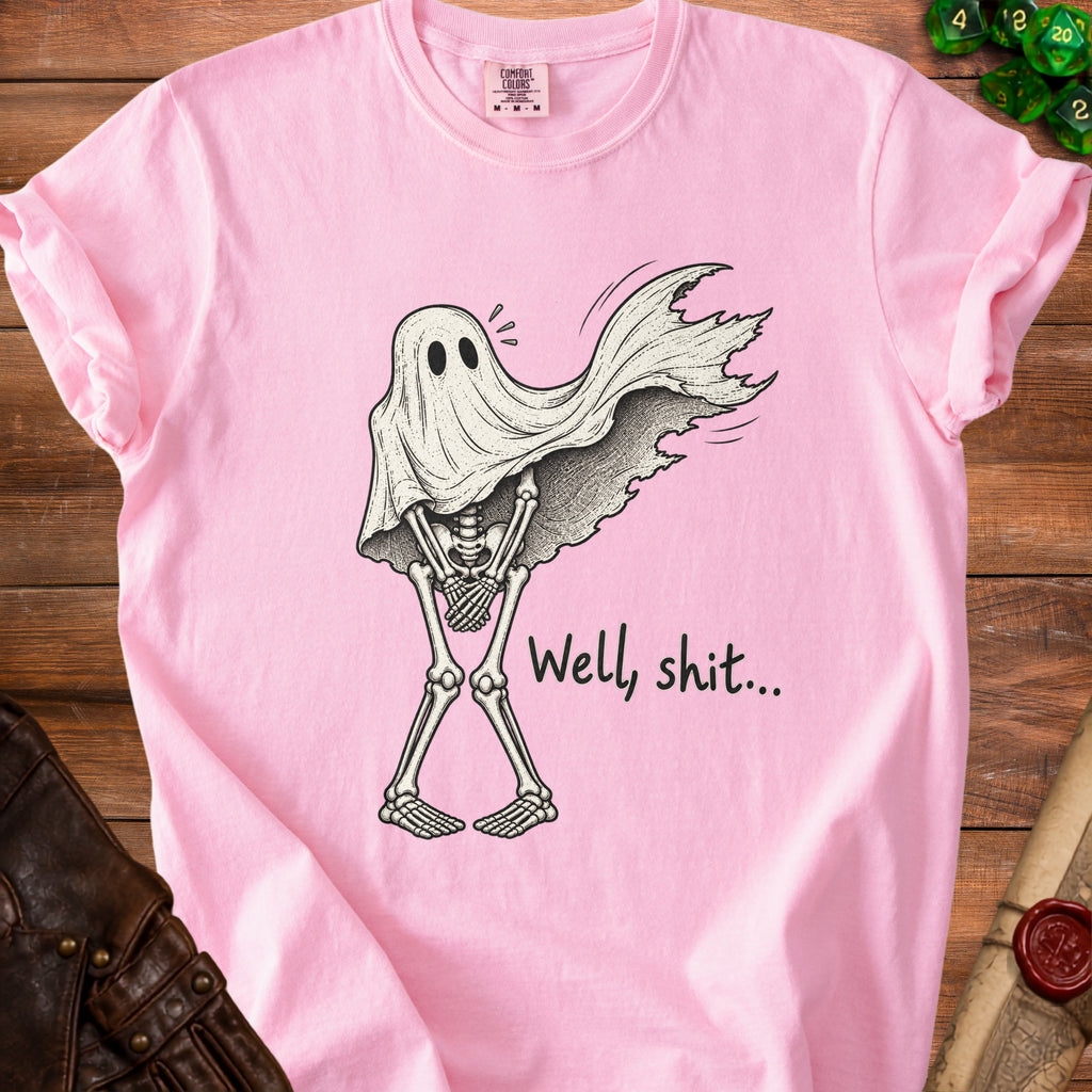 Pink t-shirt with skeleton ghost illustration and text "Well, shit...".