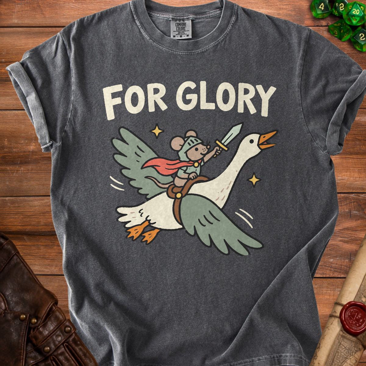 Charcoal gray crewneck t-shirt with a graphic of a mouse knight riding a flying goose, with text that reads FOR GLORY.