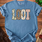 Blue t-shirt with the word "LOOT" in decorative block letters with various patterns.