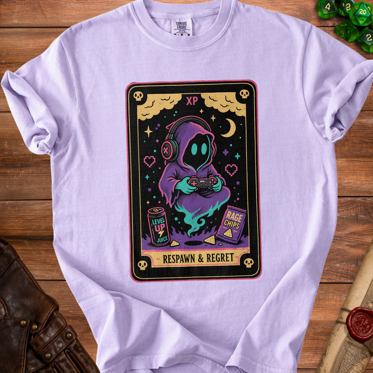 T-shirt graphic featuring a hooded gamer with headphones, "XP", "Level Up Juice", "Rage Chips", and "Respawn & Regret".