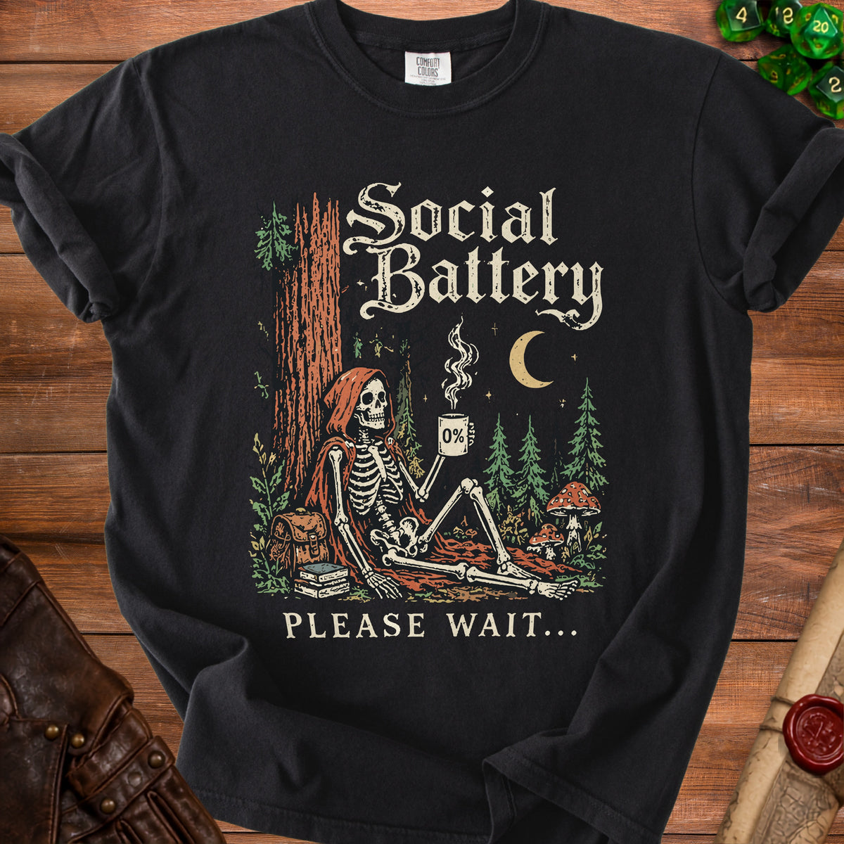 Skeleton resting with coffee, text "Social Battery" and "Please Wait...", 0% battery.
