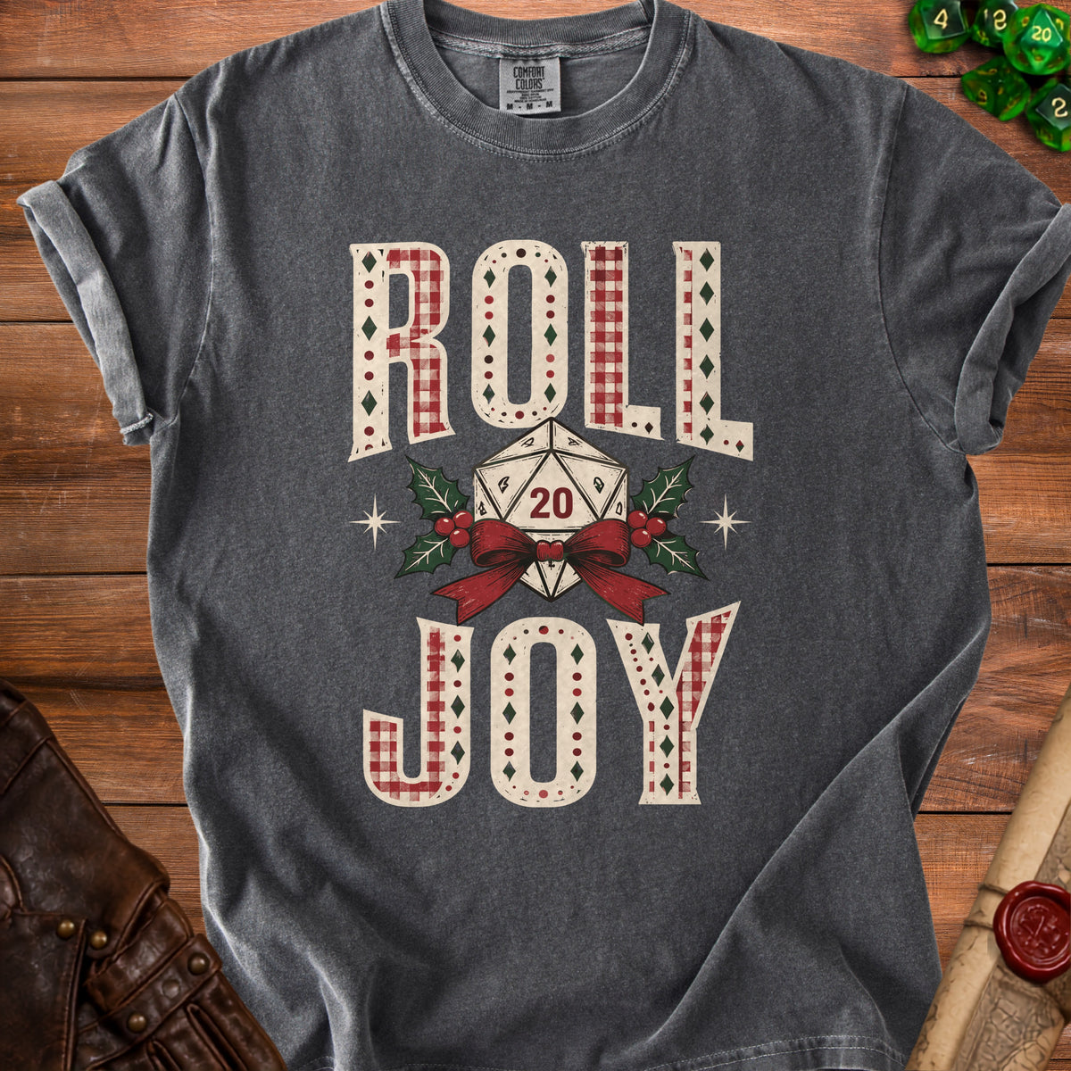 Dark grey t-shirt with "ROLL JOY" text and a d20 die graphic.