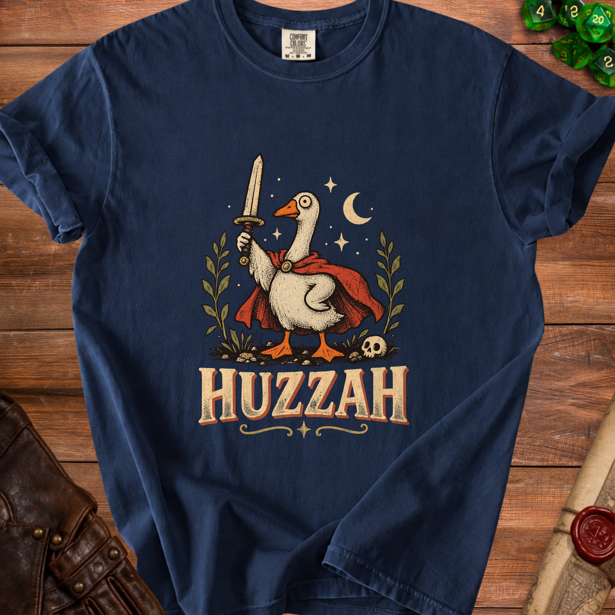 Knight goose holding a sword with "HUZZAH" text below.