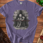 Purple t-shirt with a drawing of a knight in armor sitting in a stone wall, text "SOCIALLY DEPLETED".