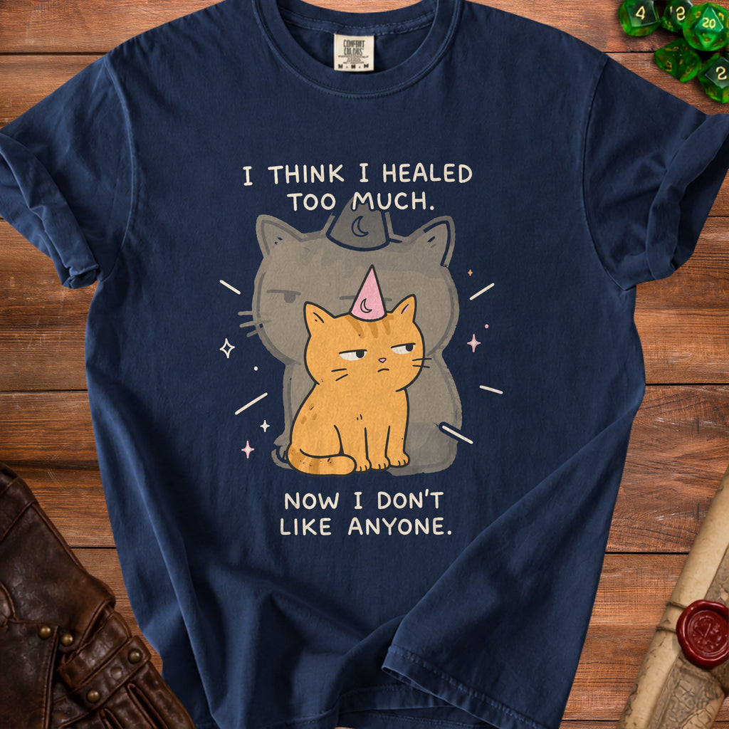 Navy t-shirt with cartoon cats and text "I THINK I HEALED TOO MUCH. NOW I DON'T LIKE ANYONE."