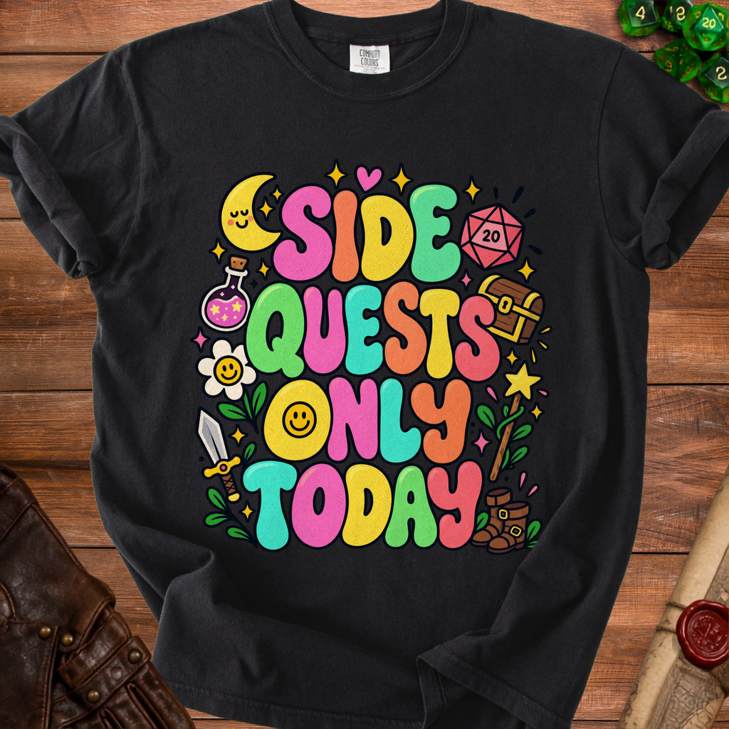 Black t-shirt with "Side Quests Only Today" text and fantasy game icons.