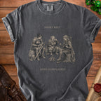 Dark grey t-shirt with "Short Rest" and "Long Complaints" text and illustration of adventurers by fire.