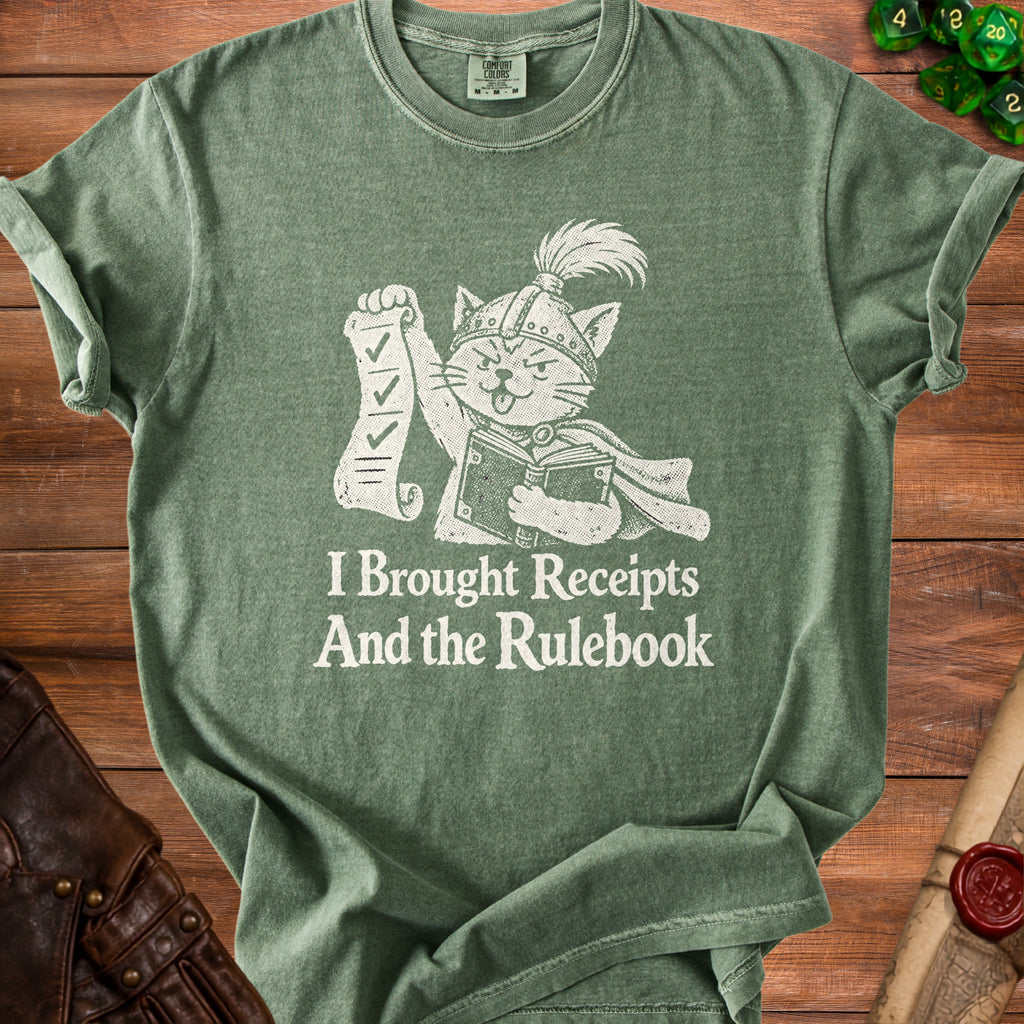 Green t-shirt with a cat wearing a helmet and holding a scroll and book with text "I Brought Receipts And the Rulebook".