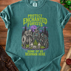 T-shirt with skeletons in armor and witch hats with "Protect Enchanted Forests" text.