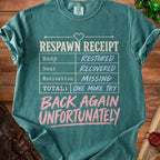 Teal t-shirt with "Respawn Receipt" and gaming-themed text.