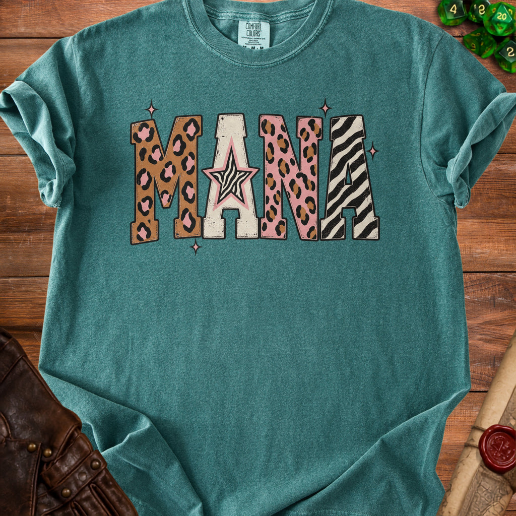 Teal Comfort Colors t-shirt with "MANA" graphic in cheetah, pink leopard, zebra, and star patterns.