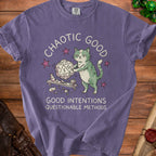 Purple t-shirt with a cat holding a D20 die and the text "Chaotic Good Good Intentions Questionable Methods".