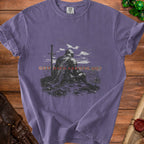 Purple t-shirt with a knight and sword design, and text "HERO PATH ARRIVED NOT".