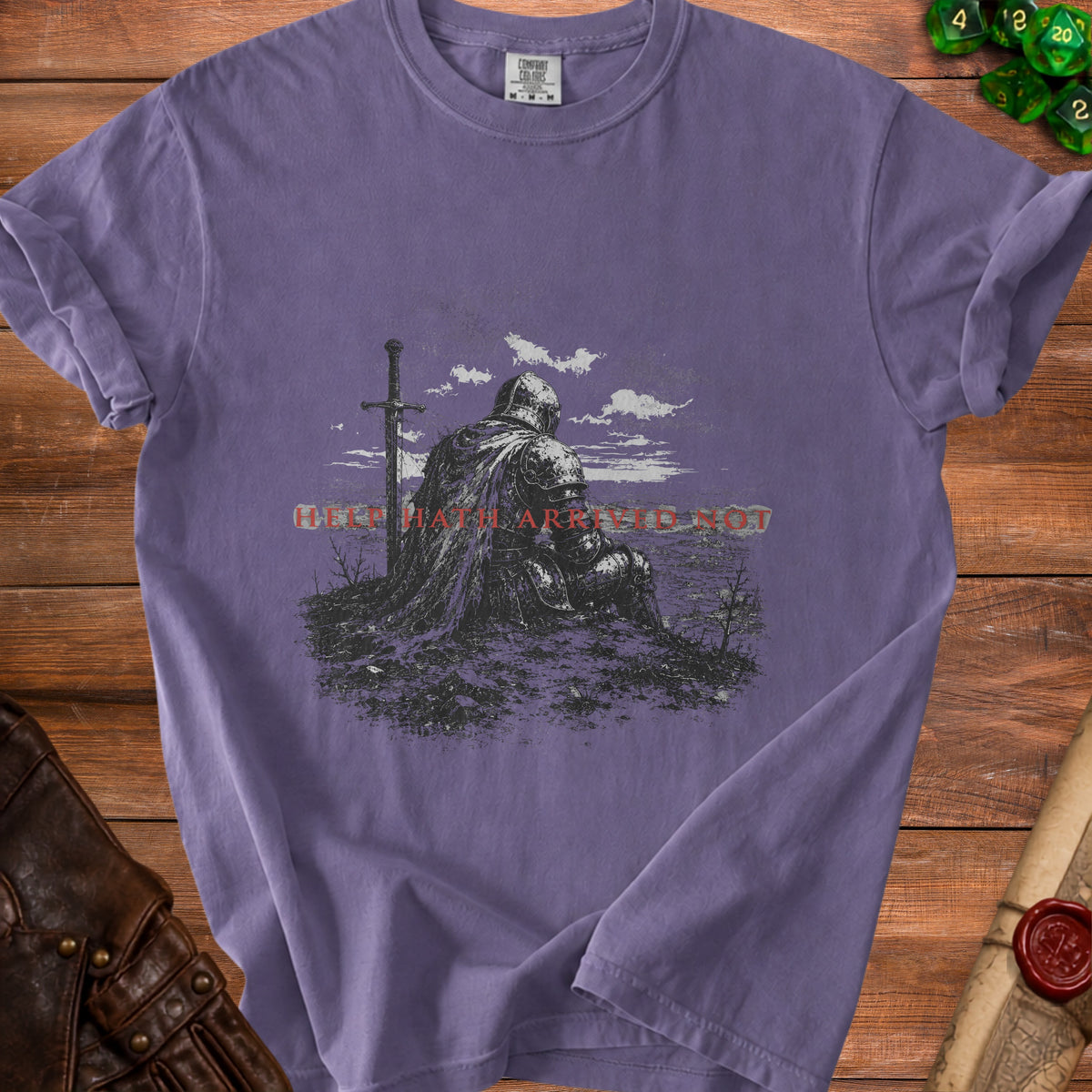 Purple t-shirt with a knight and sword design, and text "HERO PATH ARRIVED NOT".
