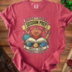T-shirt graphic with "Session Prep Mostly Vibes" text, dice, book, and coffee.
