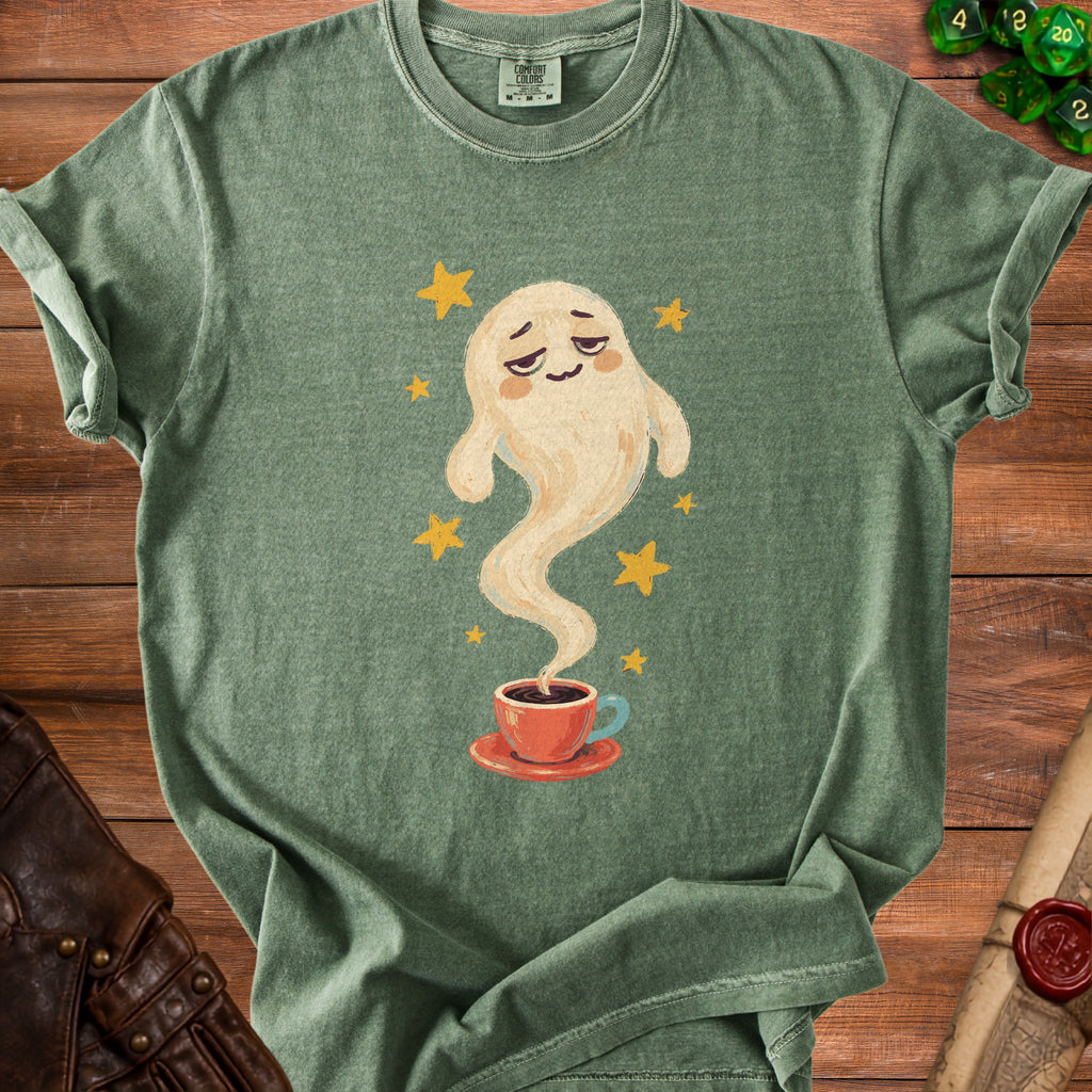 Ghost with steam from coffee cup surrounded by yellow stars on green t-shirt.