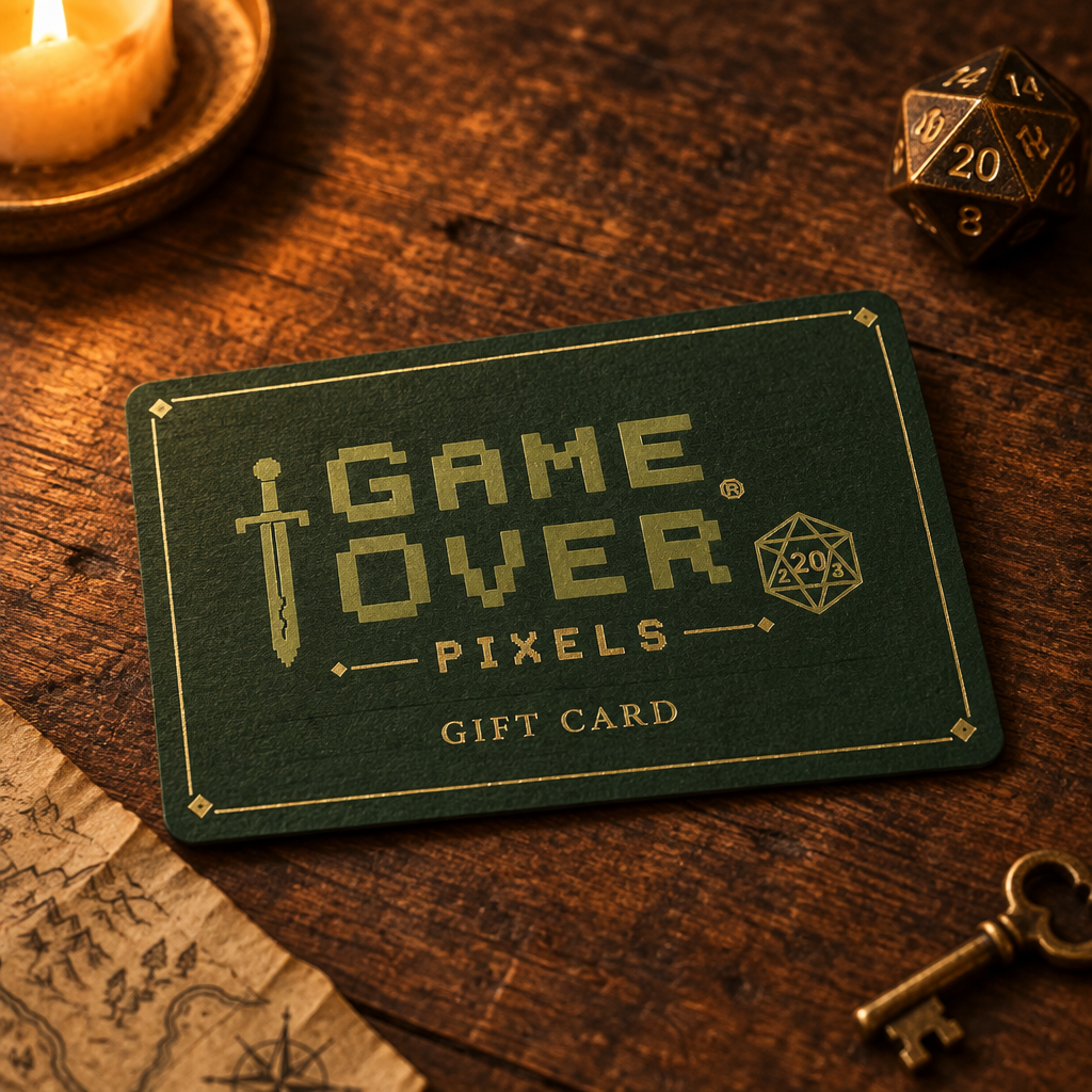 Game Over Pixels gift card in gold foil on forest green, on a tavern table with a d20